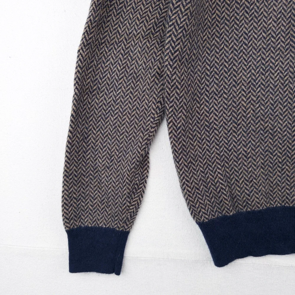 J.Crew 100% Cashmere Herringbone Jacquard Crewneck Sweater Men's Large Blue Tan